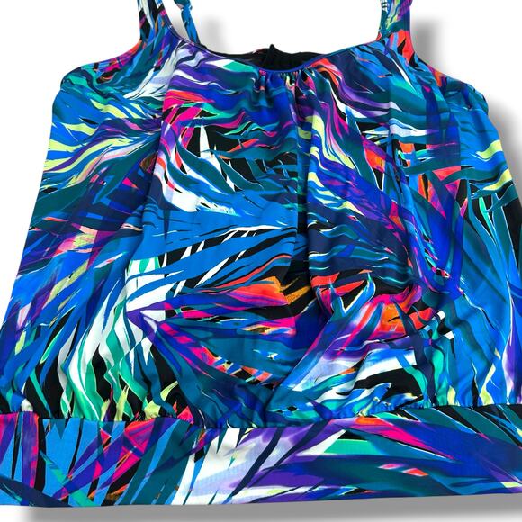 NWT Swim Solutions Blue Blouson Tankini Top SZ 22W Loose Fit Underwire Tropical - Picture 5 of 10